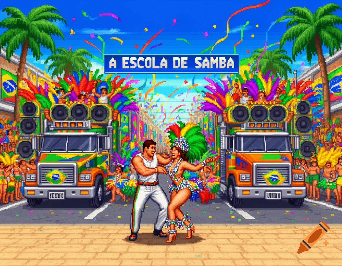 Pixel art of a vibrant Brazilian Carnival street scene with samba dancers, large sound trucks, and confetti.