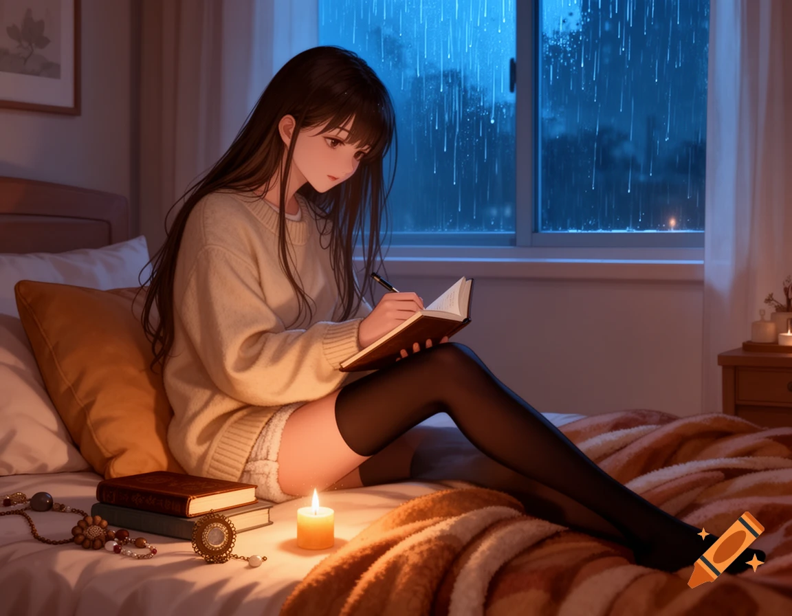 Anime-style young woman sits on a bed writing in a diary, lit by a candle and a rainy window, in a cozy bedroom.