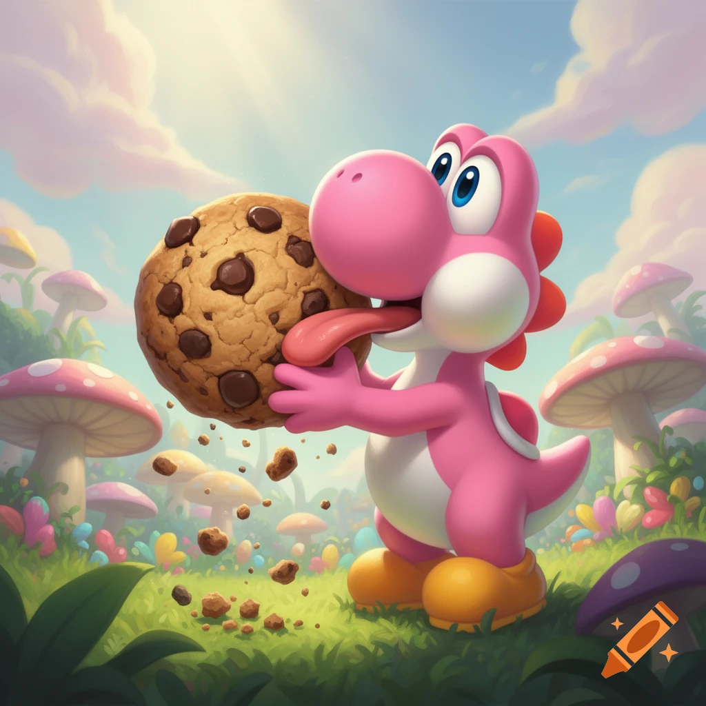 A pink Yoshi licks a giant chocolate chip cookie in a vibrant, whimsical mushroom forest under a bright sky.