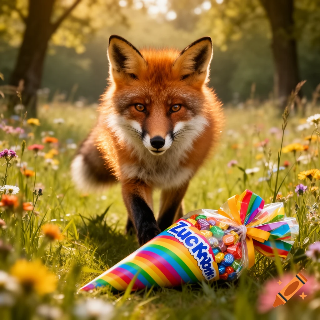 A photorealistic red fox walks through a sunny field of wildflowers towards a colorful candy cone.