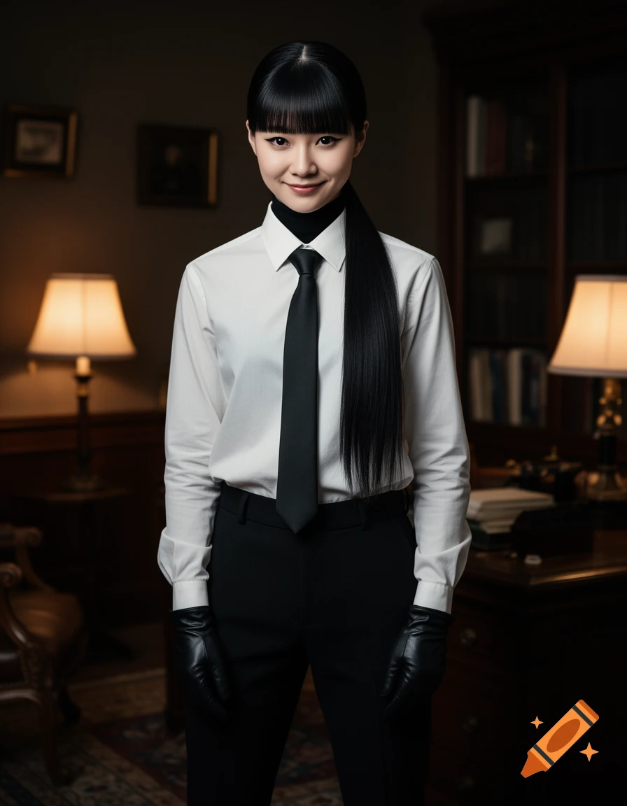 A young woman with a hime cut and long black hair, wearing a white shirt, black tie, black turtleneck, black pants, and black gloves, stands in a dimly lit antique office, looking directly at the viewer with a subtle smile.