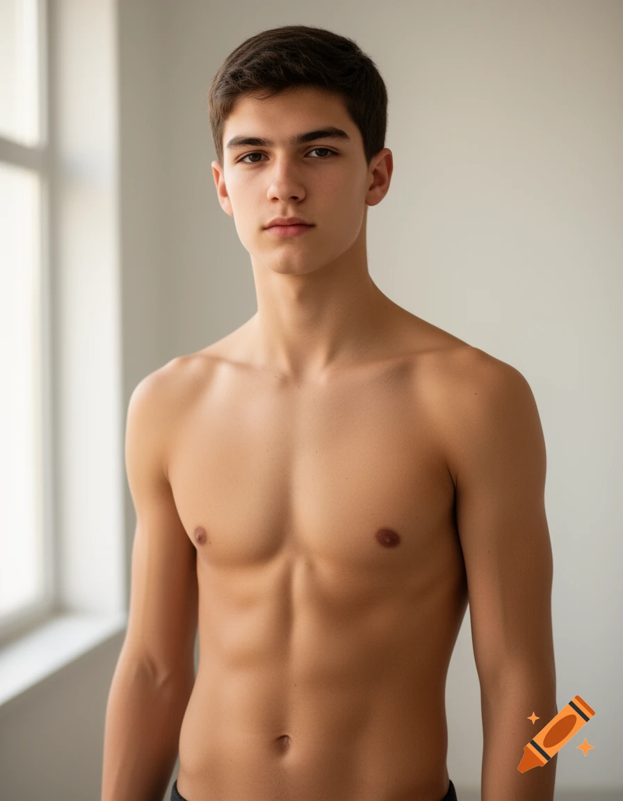 Photorealistic portrait of a young man with dark hair, shirtless, against a light background.