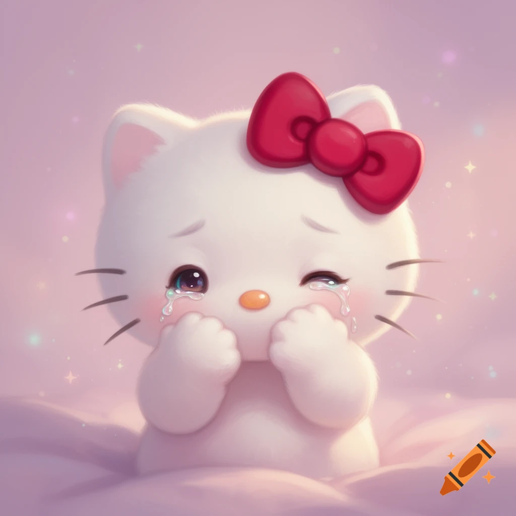 A cute, white cat resembling Hello Kitty with a red bow, crying and holding its paws to its face on a soft pink background.