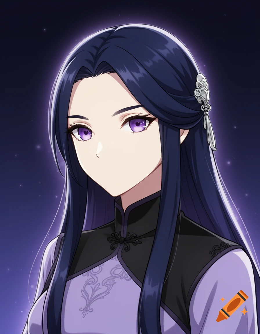 Anime portrait of a woman with long dark blue hair, purple eyes, and a mouthless face, wearing a traditional black and purple outfit.