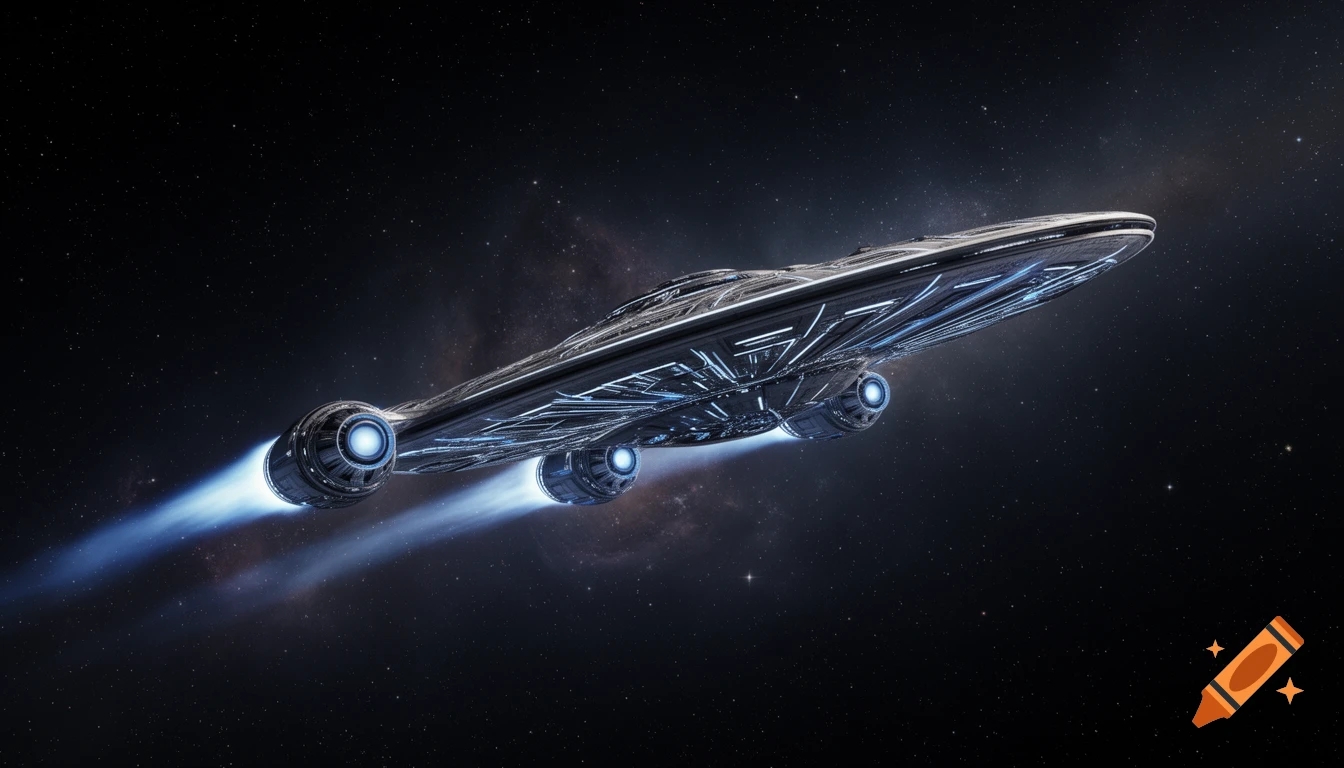 A futuristic disc-shaped spaceship with three glowing blue thrusters travels through deep space, with scattered stars and faint nebulae.