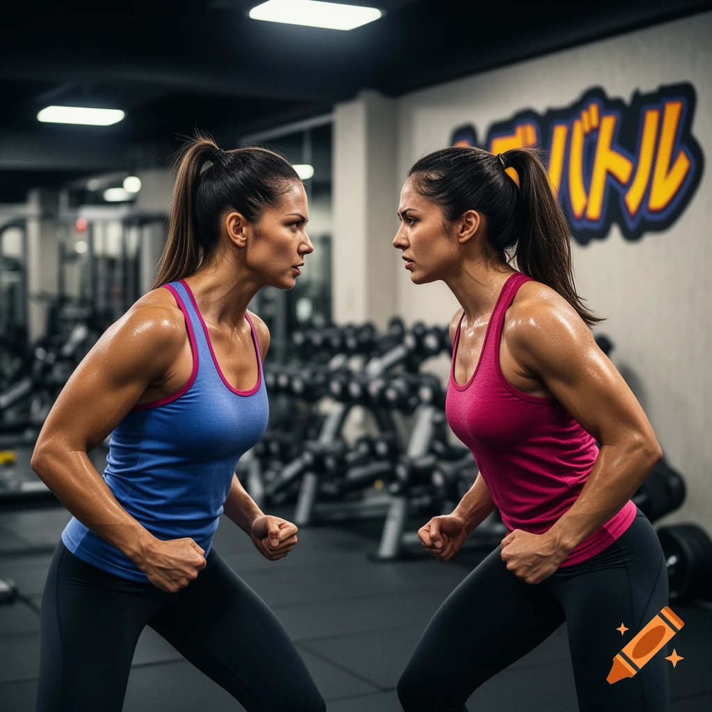 Two sweaty, athletic women in tank tops, one blue and one pink, face each other intensely in a gym, fists clenched. Stylized Japanese text is on the wall behind them.