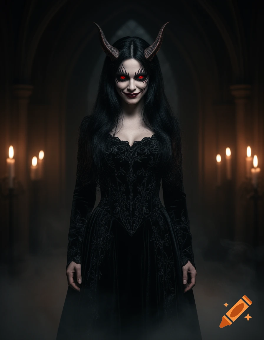 A demonic woman with horns, red eyes, and a sinister smile stands in a dark, candlelit gothic archway, wearing an ornate black dress.