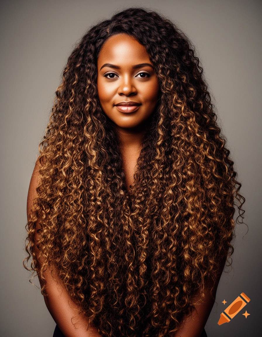 A portrait of a woman with long, voluminous, brown and blonde curly hair looking directly into the camera.
