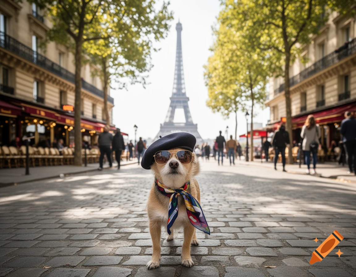 A dog wearing a beret and sunglasses stands on a cobbled street in Paris, with the Eiffel Tower in the background.
