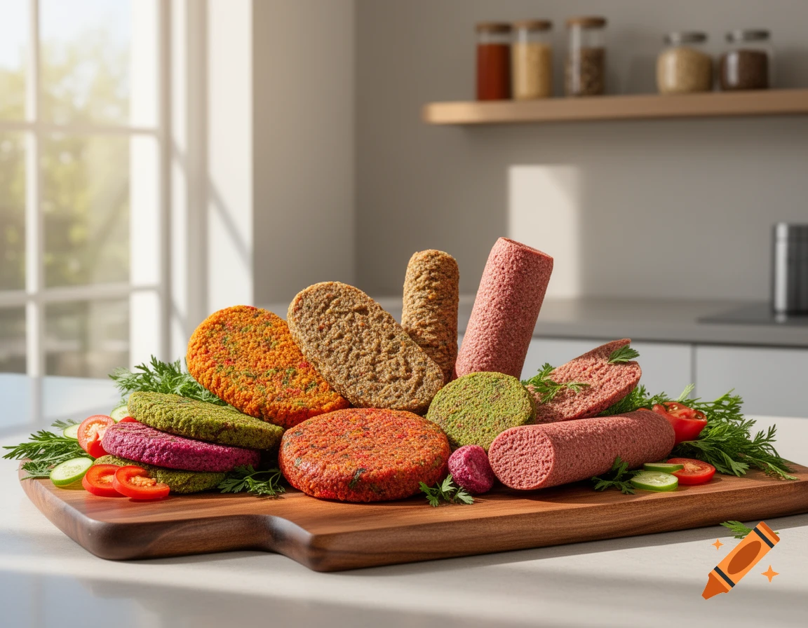 Assortment of colorful vegan meat patties and sausages with fresh herbs and sliced vegetables on a wooden cutting board in a kitchen.