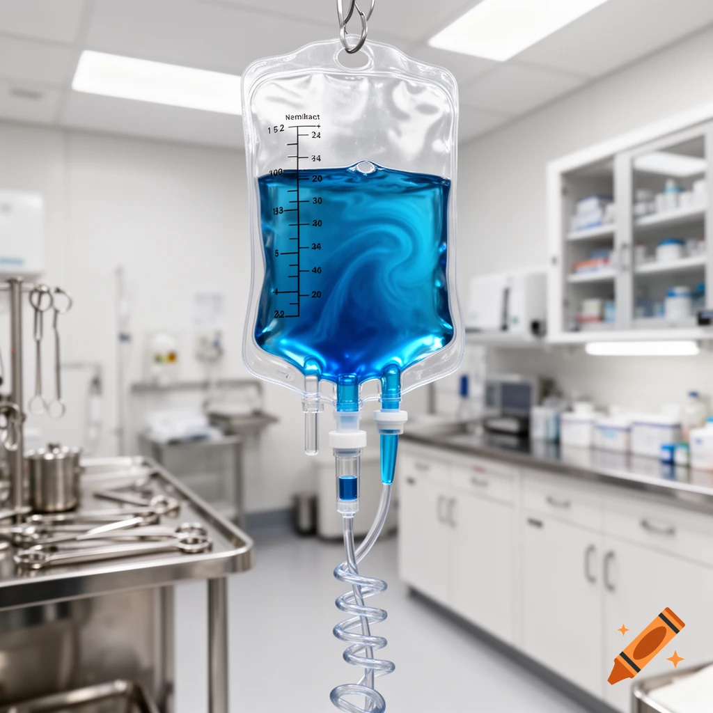 A close-up of an IV bag filled with swirling blue liquid, hanging in a sterile medical room with stainless steel equipment.