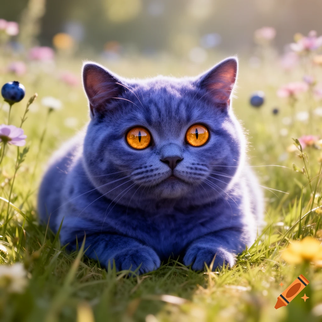 A photorealistic blue-grey cat with striking orange eyes lies in a sunny, green field among small colorful flowers.
