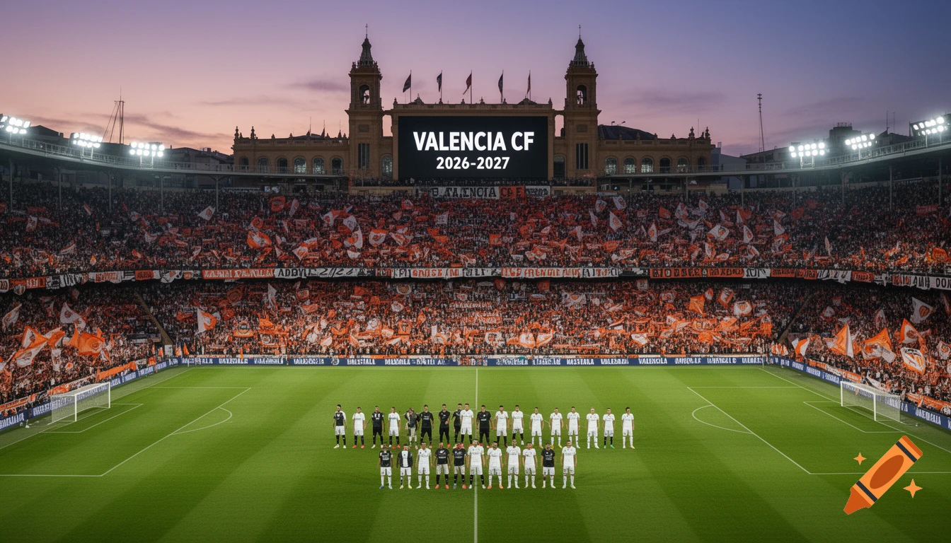 An aerial view of a packed football stadium at dusk, with a large screen displaying "VALENCIA CF 2026-2027" and two teams lined up on the green pitch.
