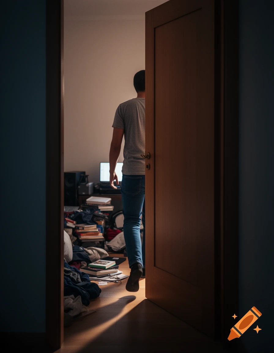 Rear view of a person in a grey shirt and jeans walking through a doorway into a very cluttered room with warm light on the floor.