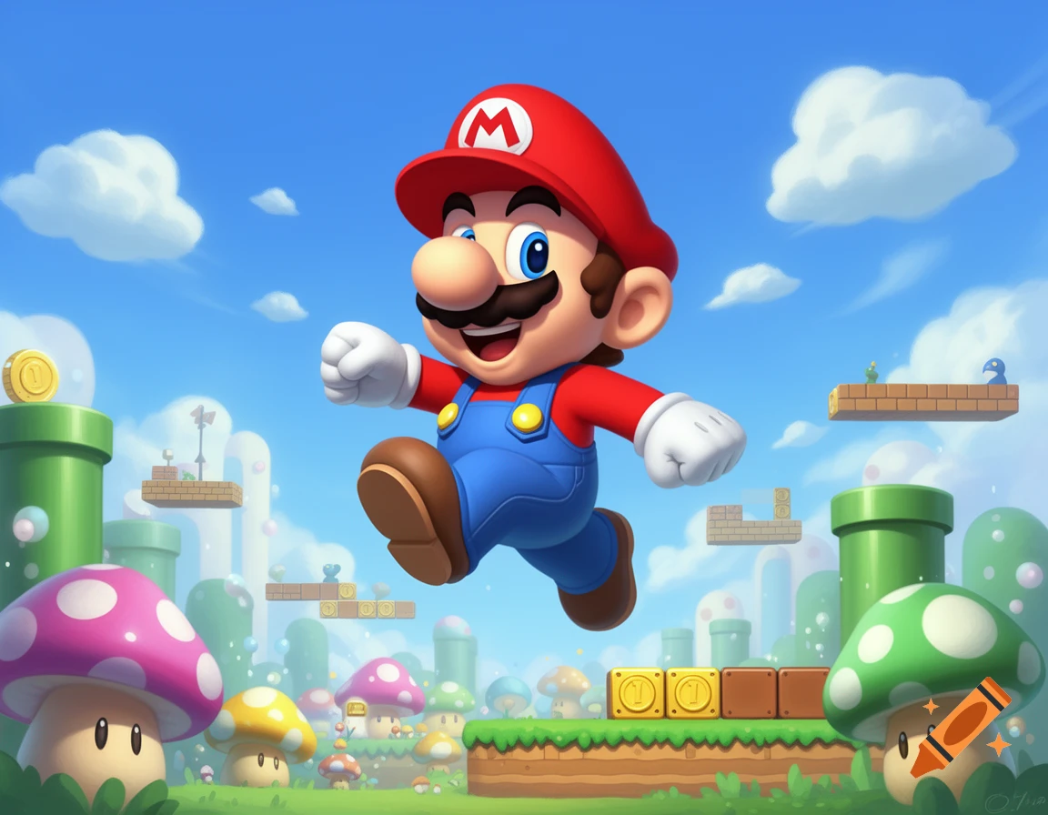 A vibrant, cartoon-style illustration of Super Mario jumping in a blue sky over a green landscape with pipes, blocks, and mushrooms.