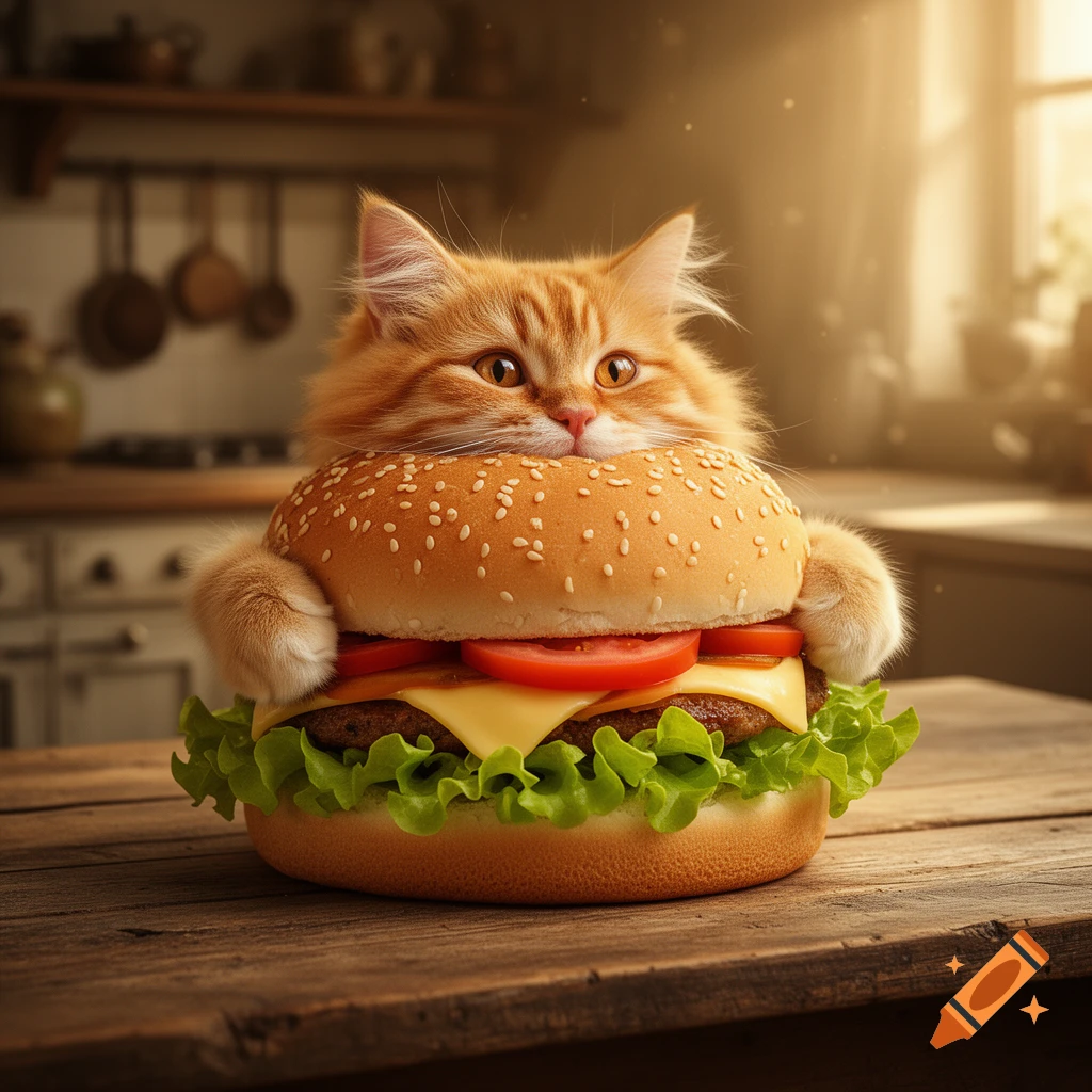 An adorable fluffy orange cat peeking out from inside a cheeseburger on a wooden table in a kitchen.