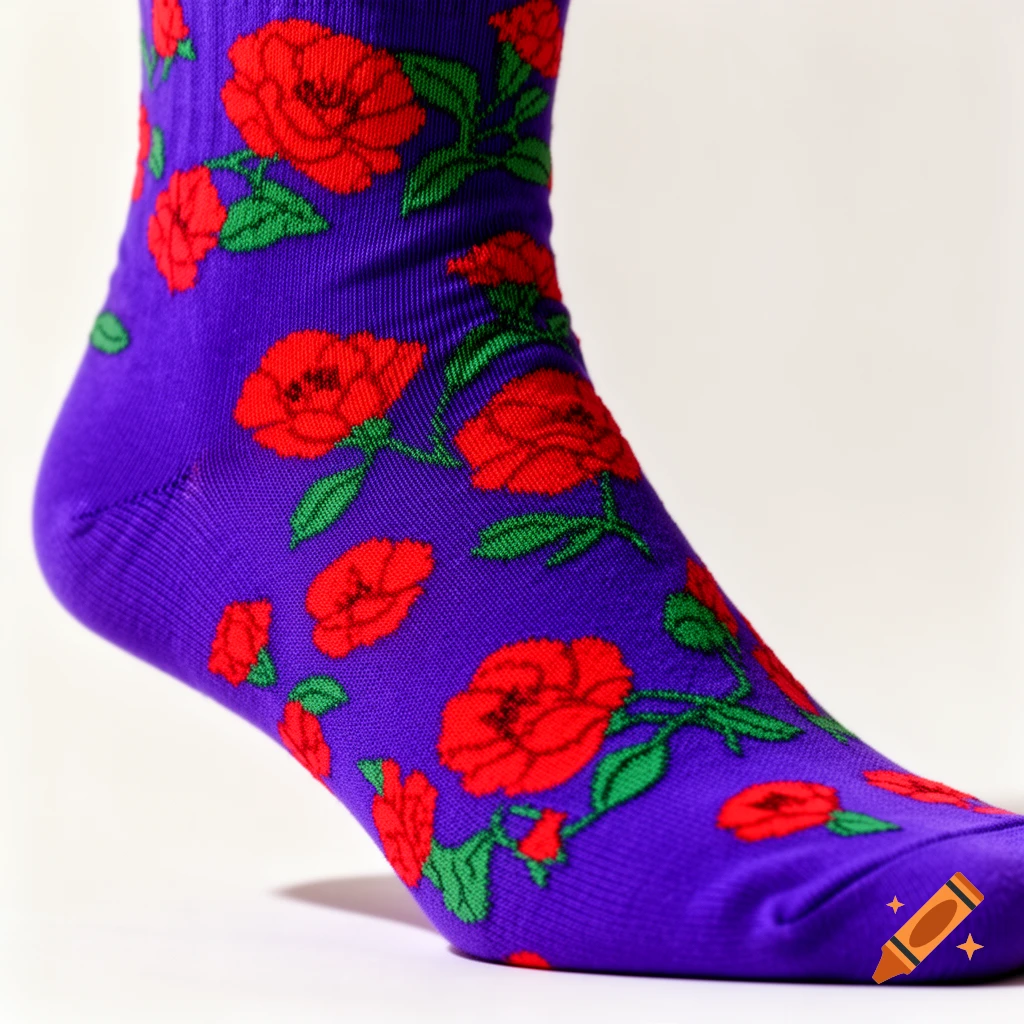 A close-up of a purple ankle sock patterned with red flowers and green leaves, set against a white background.