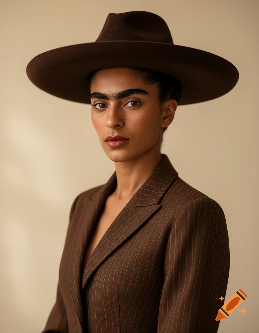 A serious woman with a unibrow, dark skin, and dark hair wears a brown pinstripe suit and a wide-brimmed dark brown hat.
