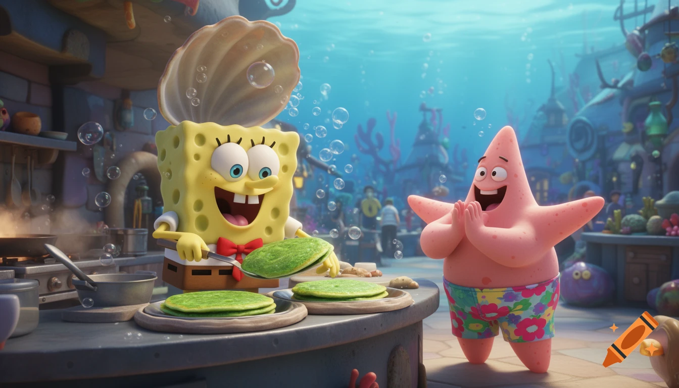A cheerful 3D animated Spongebob Squarepants flips green pancakes in an underwater kitchen while Patrick Star claps excitedly.