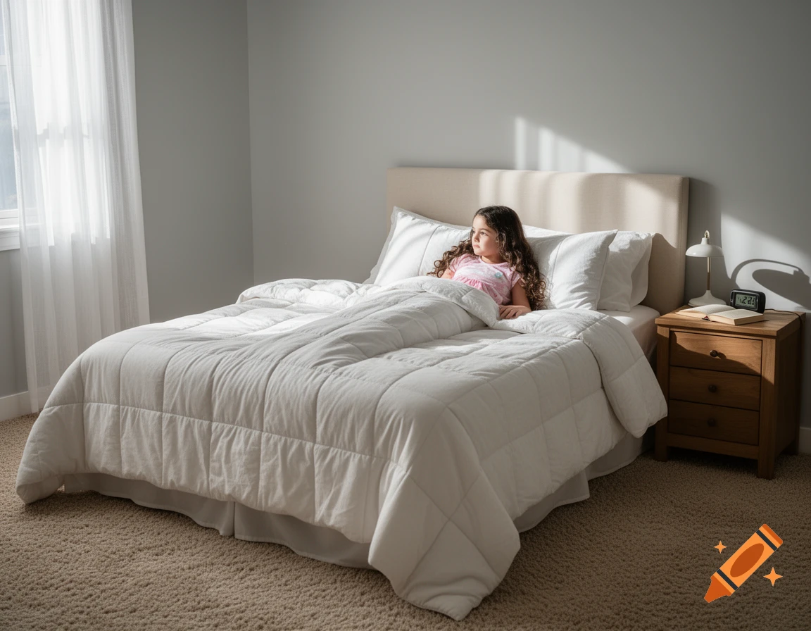 A young girl with long curly hair lies in bed in a bright bedroom, looking towards a window with sheer white curtains.