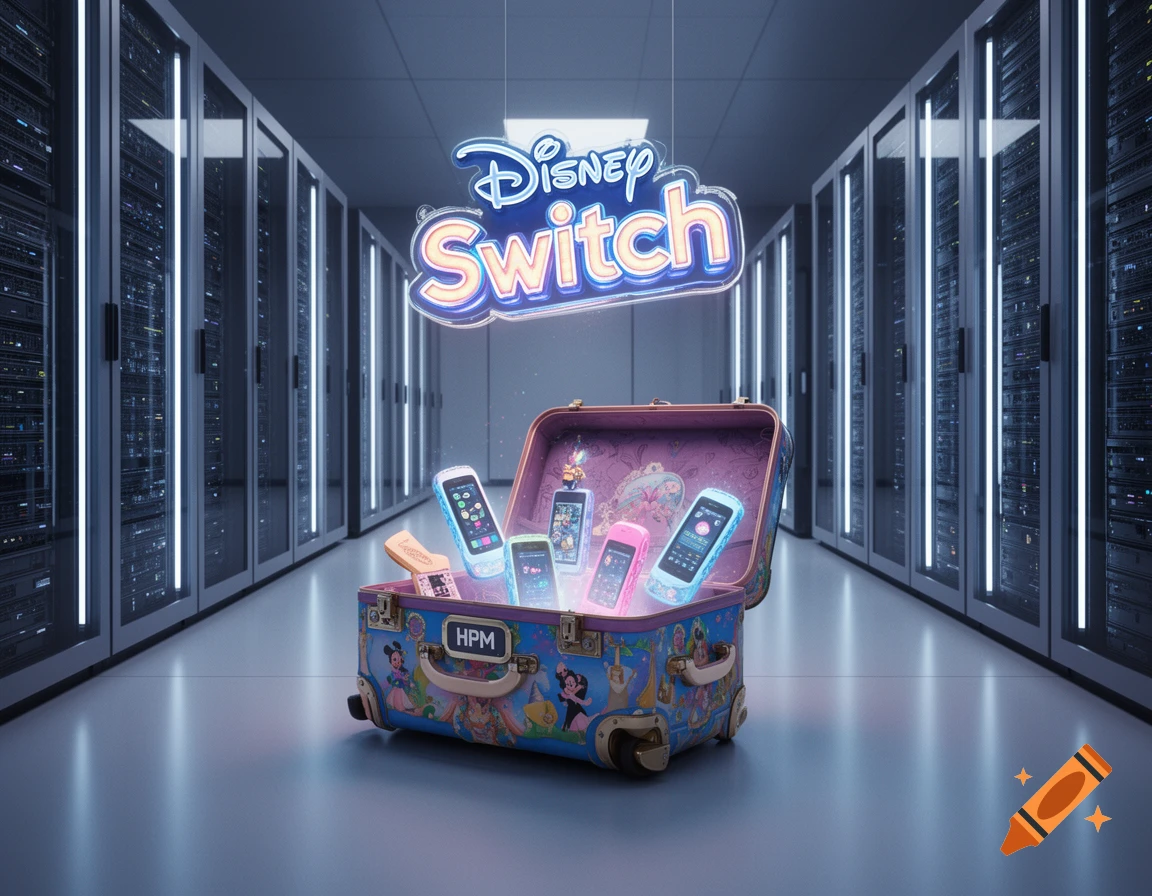 A glowing Disney Switch sign hangs over an open, cartoon-decorated suitcase labeled 'HPM,' filled with bright cell phones in a data center.