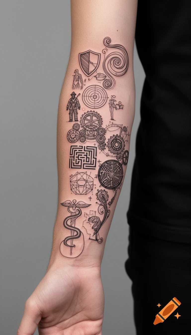 A forearm with a complex black fine-line tattoo of various symbols including gears, mazes, a firefighter, and a caduceus.