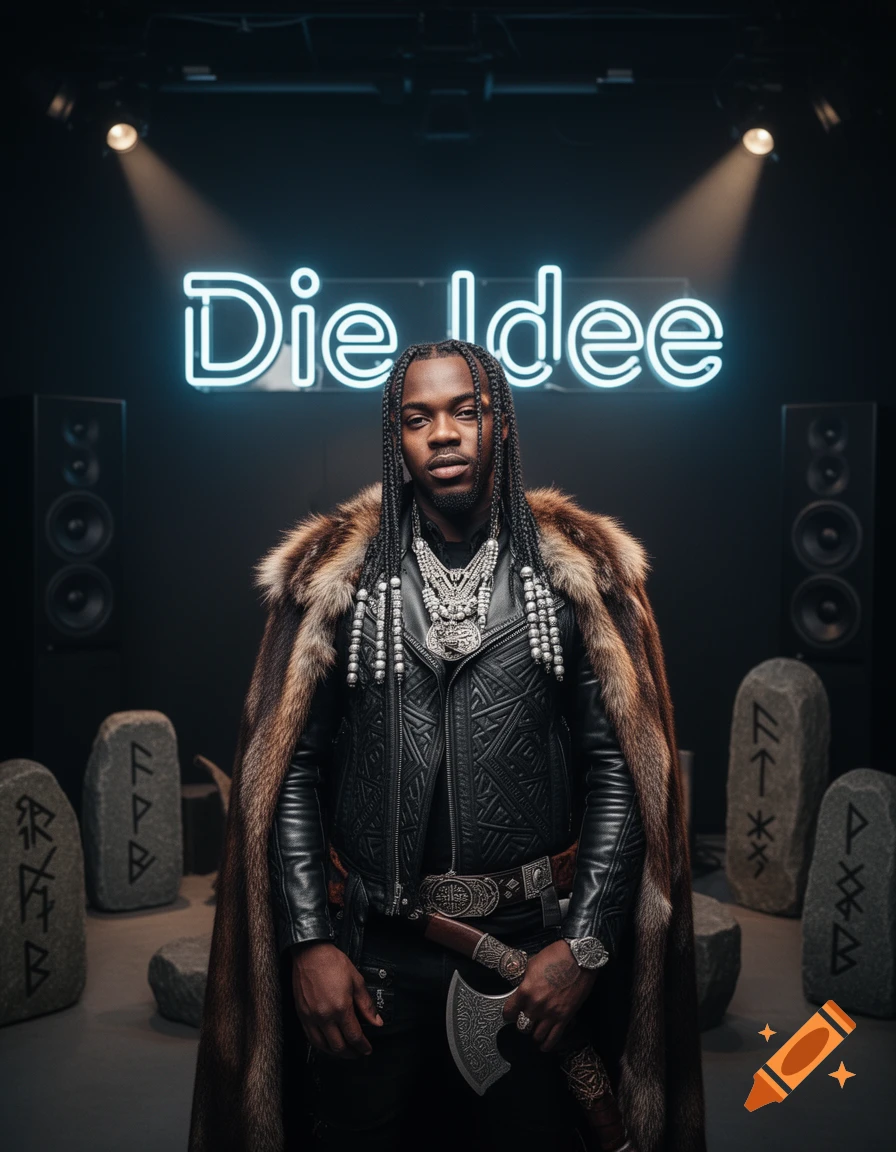 A man in a fur-lined cape and leather jacket, with beaded dreadlocks, holds an axe in a dark room with a neon "Die Idee" sign and rune stones.