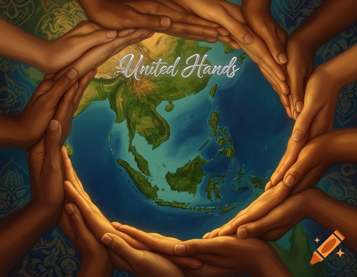 Stylized illustration of diverse hands forming a circle around a map of Southeast Asia, with 'United Hands' text.