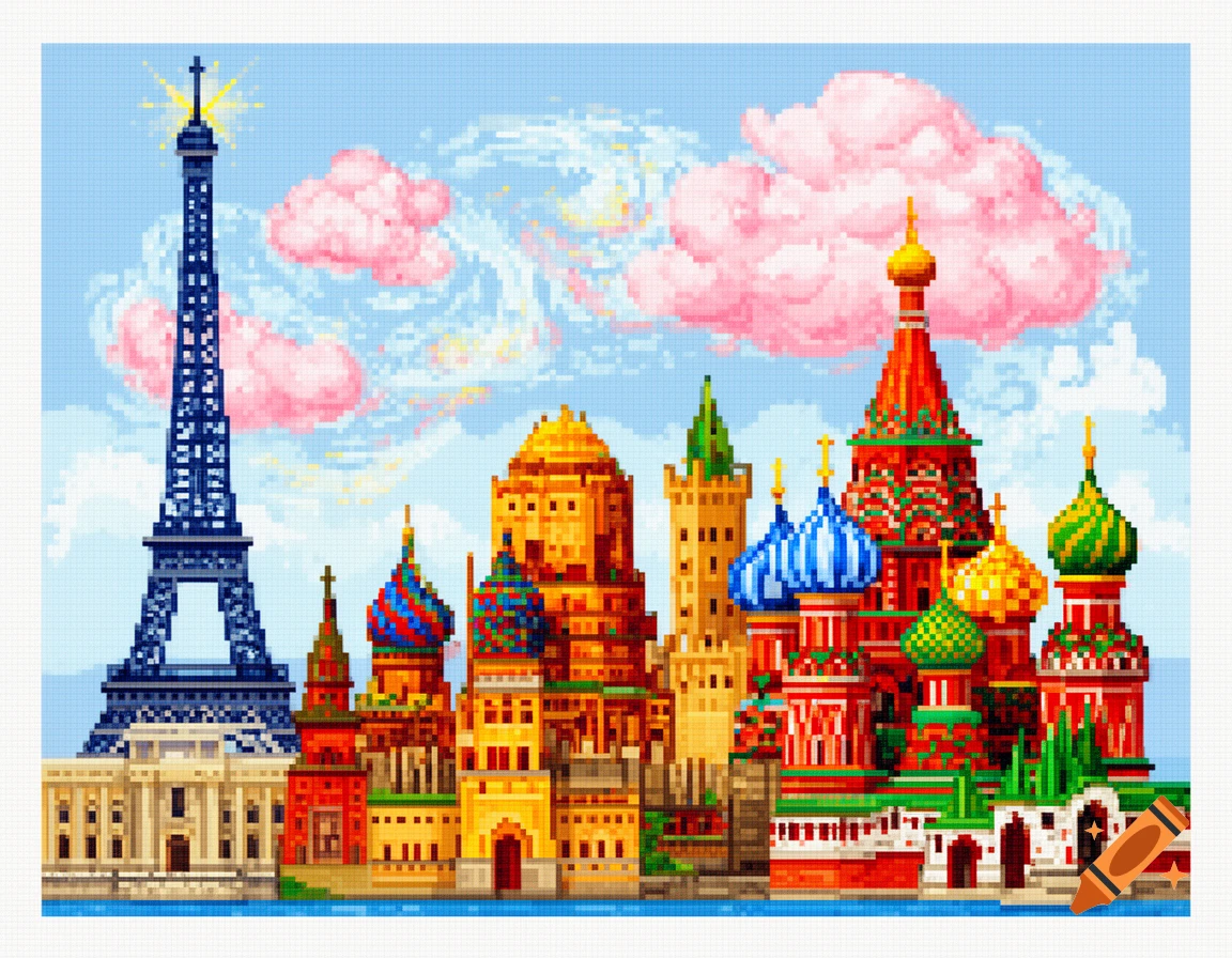 Vibrant pixel art cityscape featuring the Eiffel Tower and colorful onion-domed buildings against a blue sky with pink clouds.