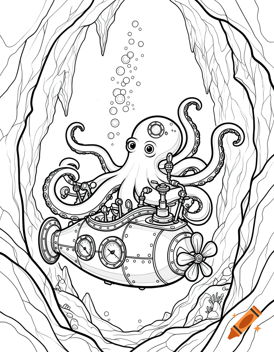 Coloring book page of a cartoon octopus driving a small submarine through an underwater cave with bubbles.