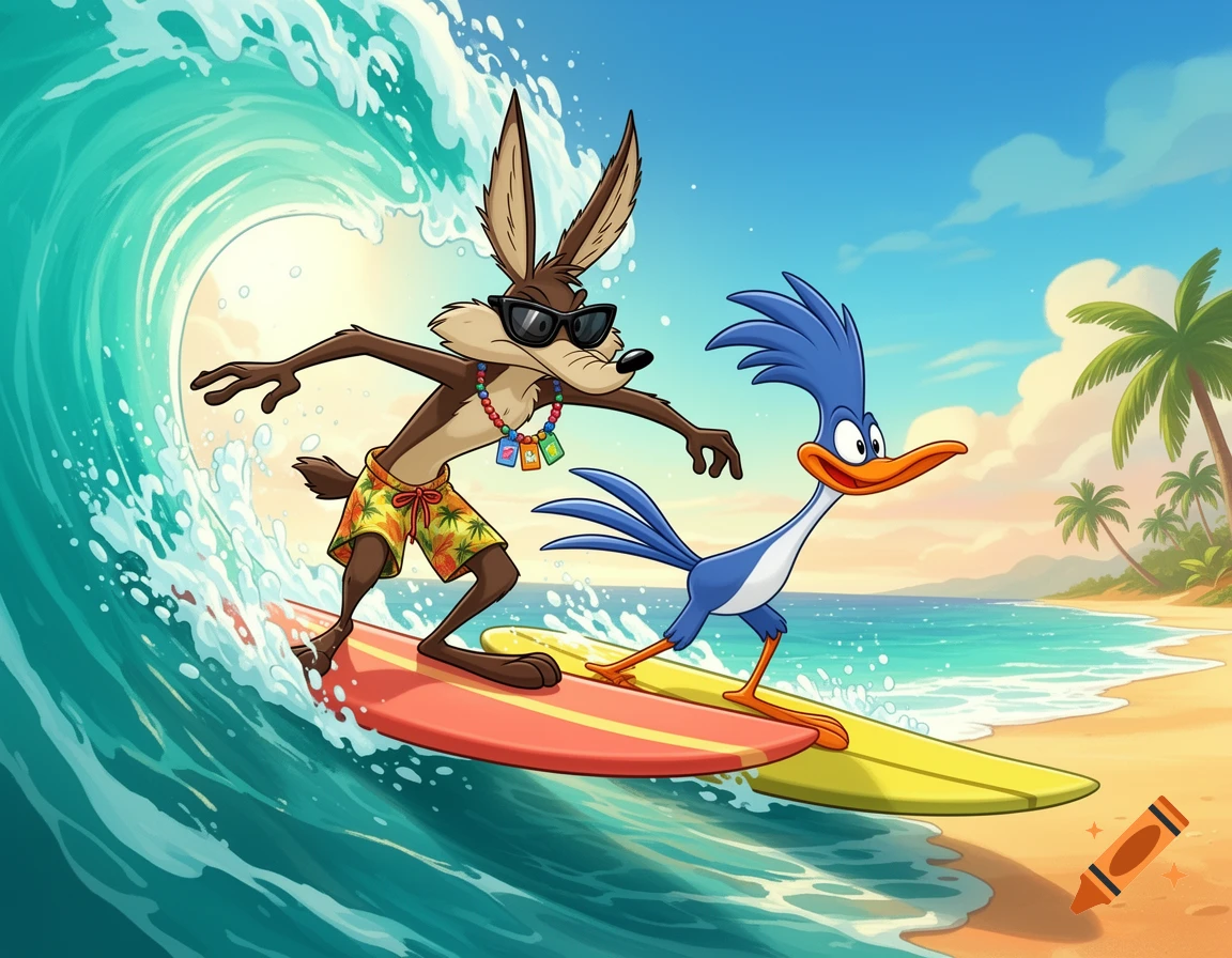 Wile E. Coyote and Roadrunner surfing on a big ocean wave in a vibrant cartoon style