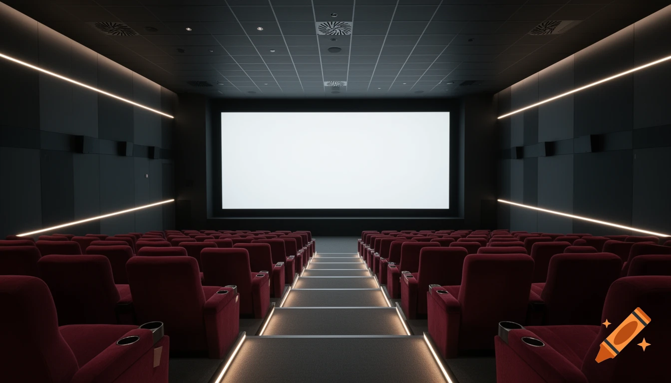 Modern, empty cinema hall with rows of red velvet seats, illuminated aisles, a large blank white screen, and LED strip lighting.