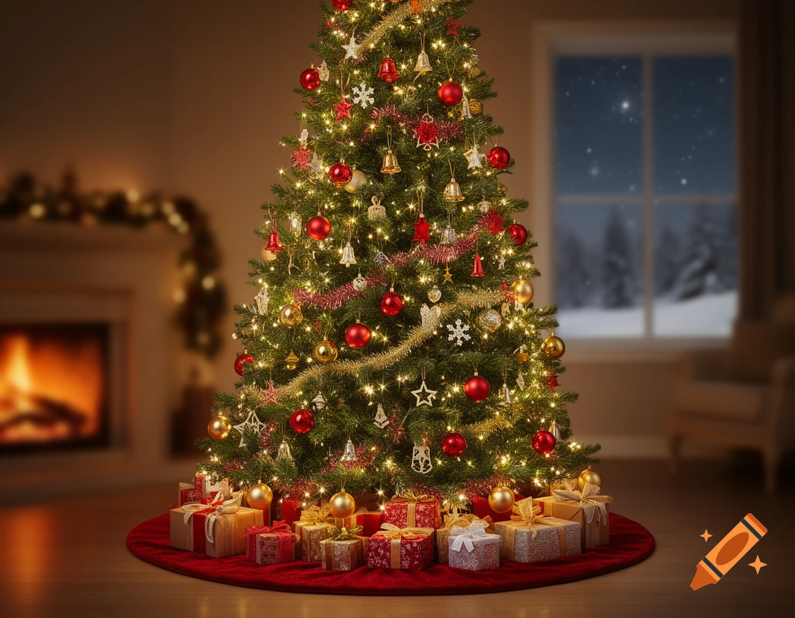 A beautifully decorated Christmas tree with lights and ornaments, surrounded by wrapped gifts, in a cozy room with a fireplace and snowy window.
