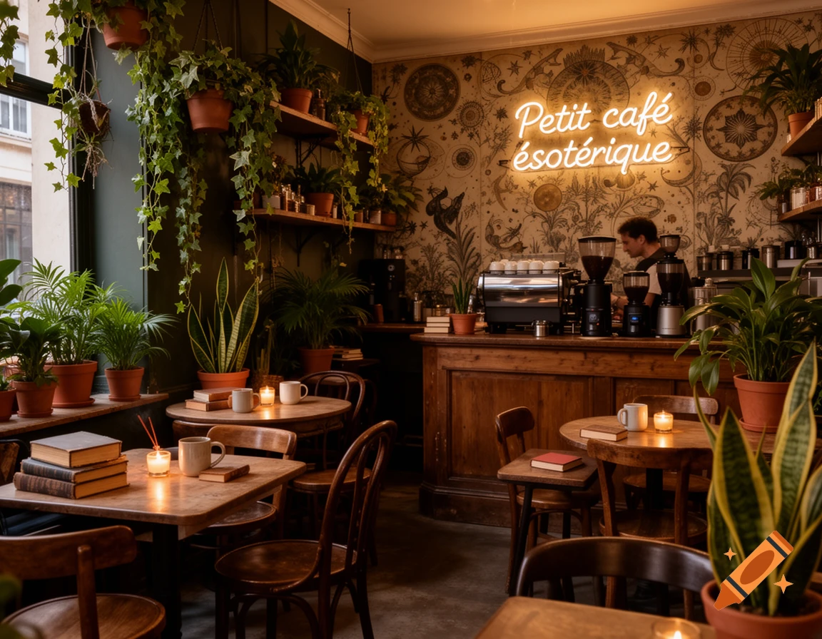 A cozy, plant-filled cafe interior with a neon sign reading 'Petit café ésotérique' above a wooden counter, tables with books and candles.
