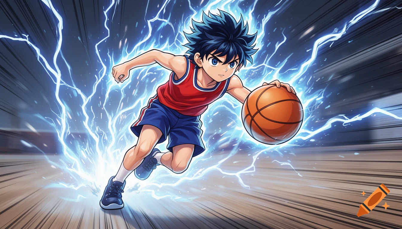 Manga style boy with blue spiky hair dribbles a basketball, surrounded by bright blue lightning, against a dynamic speed background.