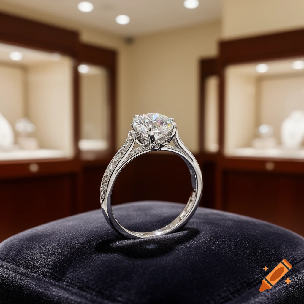 A close-up, photorealistic shot of an elegant diamond engagement ring on a dark velvet cushion in a jewelry store.