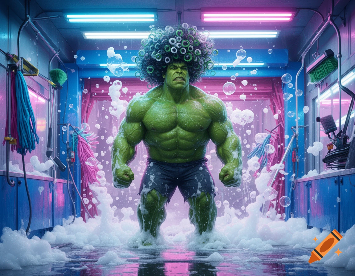 Hulk with a large afro stands in a neon-lit car wash, surrounded by white foam and bubbles.
