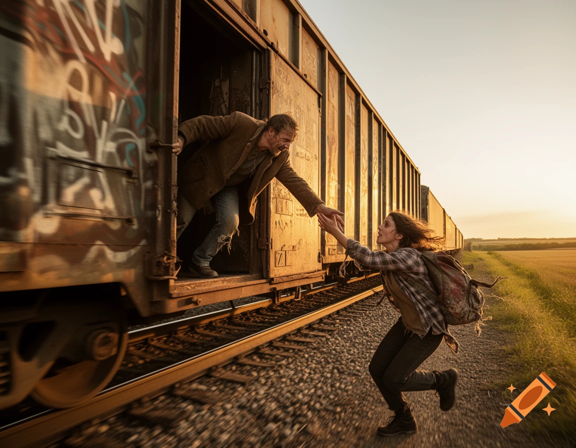 A man on a moving train reaches out his hand to a woman running alongside it on a rural track at sunset.