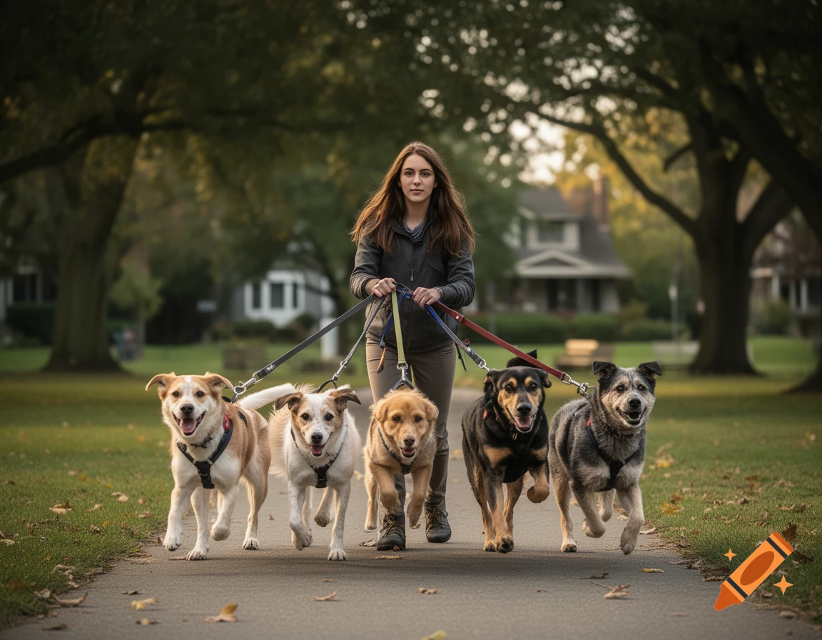 Photorealistic image of a young woman walking five different dogs on leashes along a park path.
