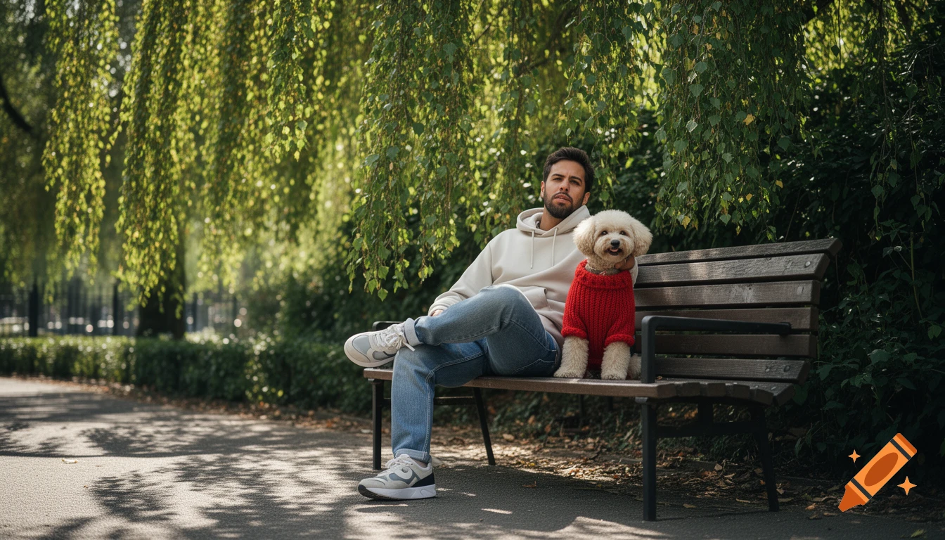 A man and a fluffy white dog wearing a red sweater sit on a park bench under green foliage.
