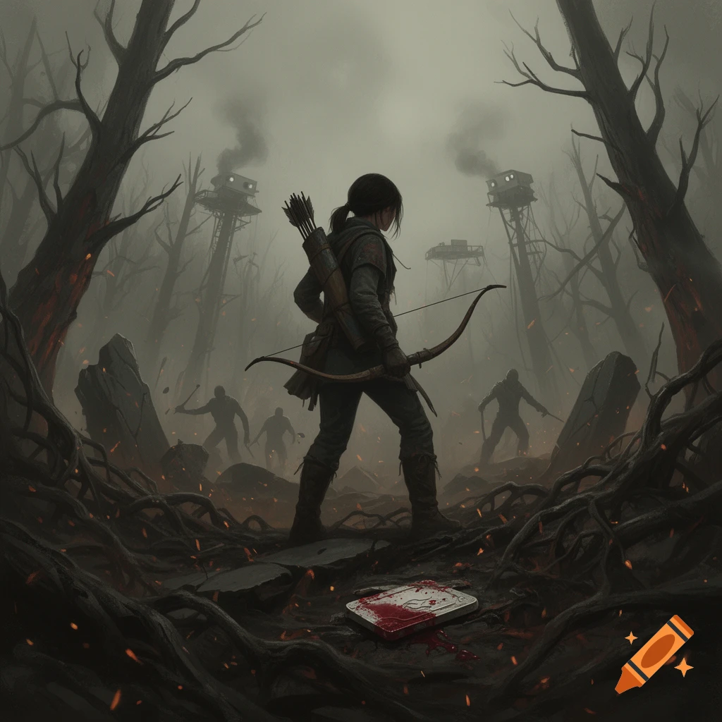 Dark fantasy digital illustration of an archer with a bow in a misty, ruined forest with watchtowers in the background.