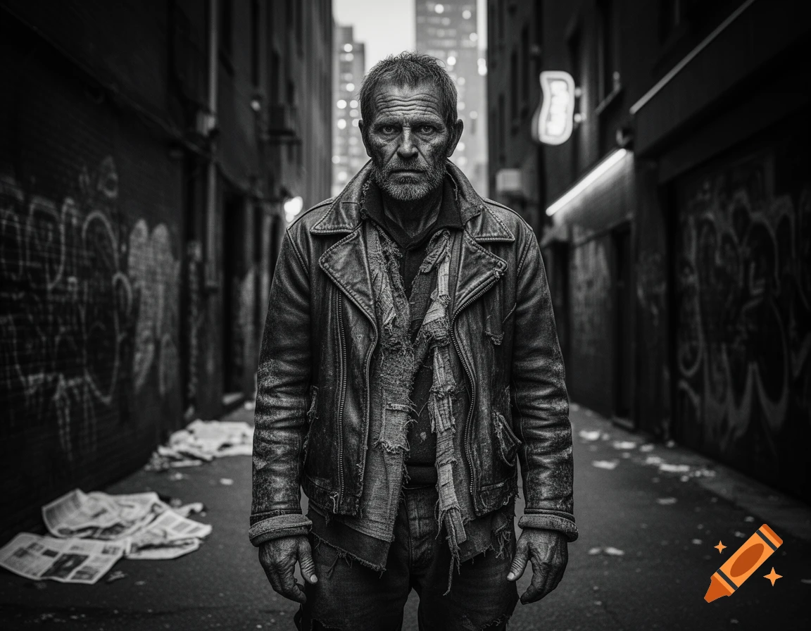Gritty black and white photorealistic portrait of a serious man in a worn leather jacket standing in a dark urban alley.