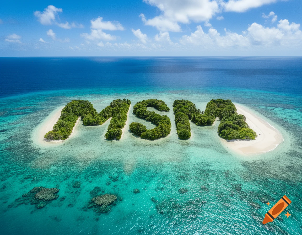 Aerial view of a tropical island shaped like the letters 'MSM' in clear turquoise waters under a blue sky.