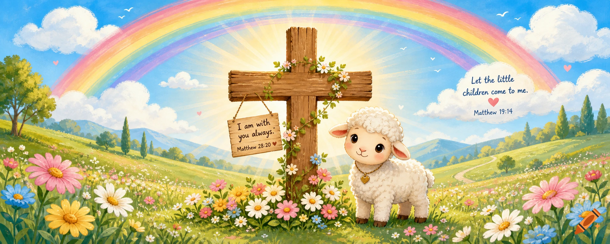 A cute lamb stands by a wooden cross in a vibrant field of flowers under a rainbow, with biblical quotes and a bright sky.