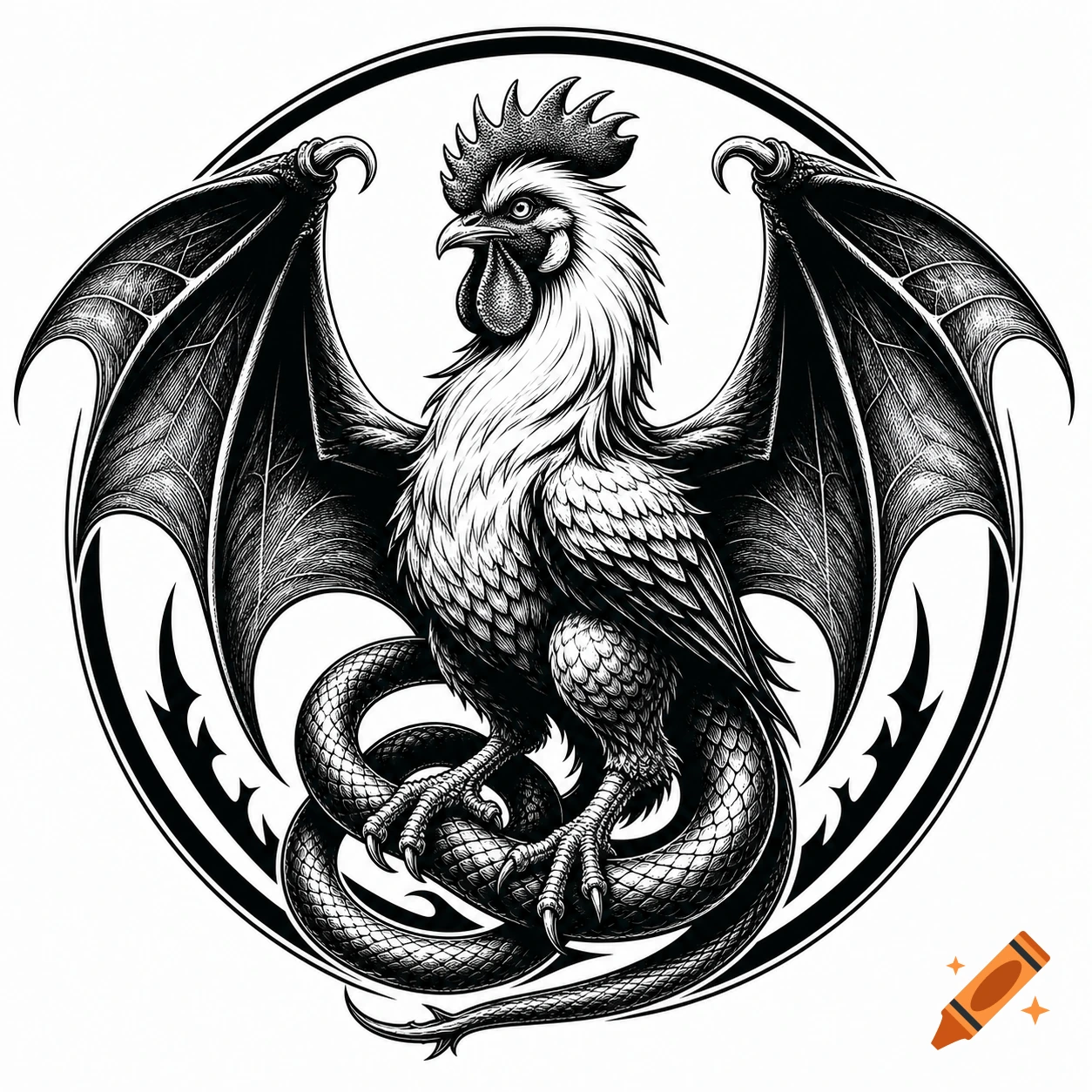 Black and white logo illustration of a cockatrice, a mythical creature with a rooster's body, bat wings, and snake tail.