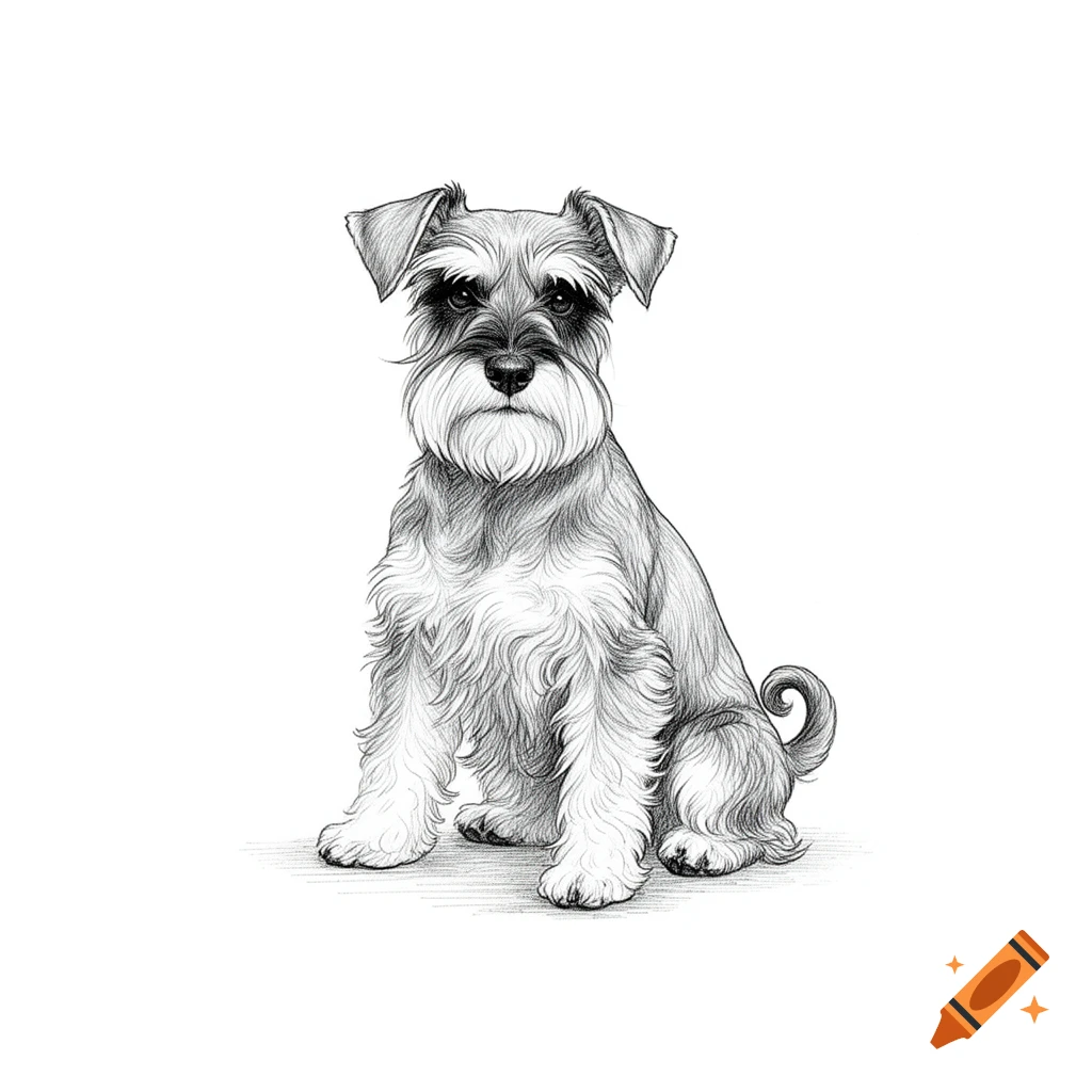 A black and white line drawing of a miniature schnauzer sitting and looking forward.