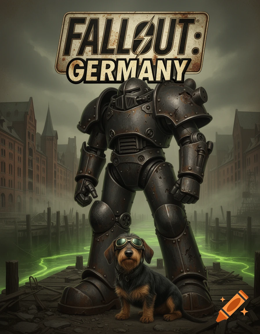 A moody game cover with a massive power armor suit and a dachshund wearing goggles, set in a foggy, ruined city with a glowing green river, featuring "FALLOUT: GERMANY" text.