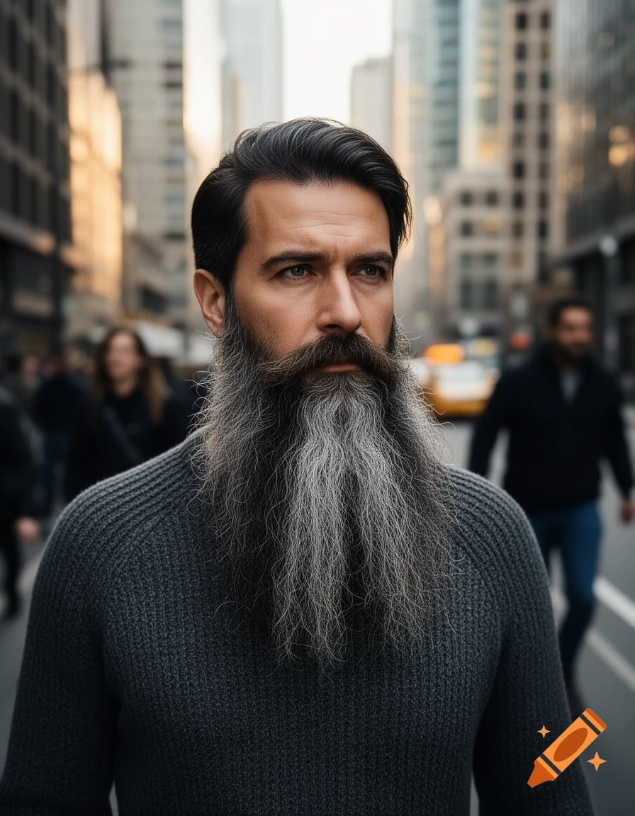 A photorealistic portrait of a man with a long, grey and black beard walking on a city street.