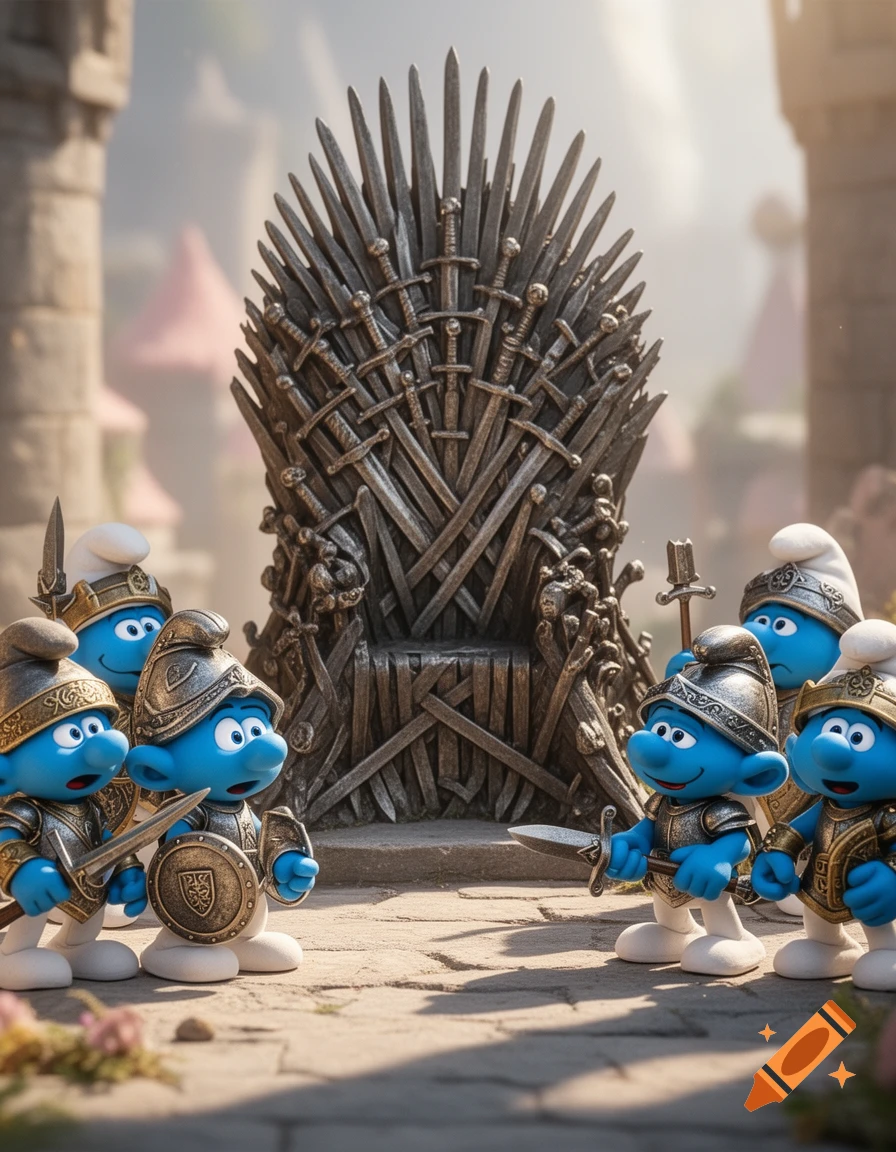Blue Smurfs in detailed fantasy armor holding swords and shields, standing before the large, imposing Iron Throne in a castle courtyard.