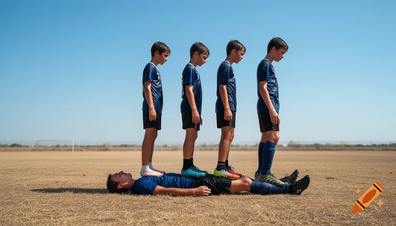 Four boys in soccer uniforms standing on top of a man lying on a dry grassy field, side view.